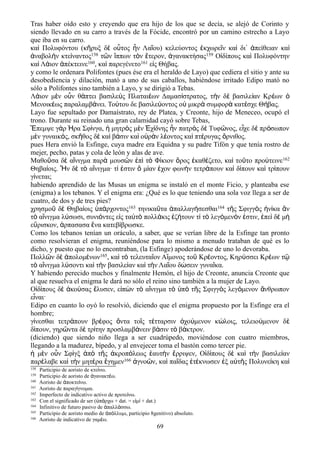 Tras haber oído esto y creyendo que era hijo de los que se decía, se alejó de Corinto y
siendo llevado en su carro a través de la Fócide, encontró por un camino estrecho a Layo
que iba en su carro.
καὶ Πολυφόντου (κῆρυξ δὲ οὗτος ἦν Λαΐου) κελεύοντος ἐκχωρεῖν καὶ δι᾽ ἀπείθειαν καὶ
ἀναβολὴν κτείναντος158 τῶν ἵππων τὸν ἕτερον, ἀγανακτήσας159 Οἰδίπους καὶ Πολυφόντην
καὶ Λάιον ἀπέκτεινε160, καὶ παρεγένετο161 εἰς Θήβας.
y como le ordenara Polifontes (pues ése era el heraldo de Layo) que cediera el sitio y ante su
desobediencia y dilación, mató a uno de sus caballos, habiéndose irritado Edipo mató no
sólo a Polifontes sino también a Layo, y se dirigió a Tebas.
Λ ιον μ ν ο ν θ πτει βασιλε ς Πλαται ων Δαμασ στρατος, τ ν δ βασιλε αν Κρ ωνά ὲ ὖ ά ύ έ ί ὴ ὲ ί έ ὁ
Μενοικ ως παραλαμβ νει. Το του δε βασιλε οντος ο μικρ συμφορ κατ σχε Θ βας.έ ά ύ ύ ὐ ὰ ὰ έ ή
Layo fue sepultado por Damaístrato, rey de Platea, y Creonte, hijo de Meneceo, ocupó el
trono. Durante su reinado una gran calamidad cayó sobre Tebas,
πεμψε γ ρ ρα Σφ νγα, μητρ ς μ ν χ δνης ν πατρ ς δ Τυφ νος, ε χε δ πρ σωπονἜ ὰ Ἡ ί ἡ ὸ ὲ Ἐ ί ἦ ὸ ὲ ῶ ἶ ὲ ό
μ ν γυναικ ς, σκ θος δ κα β σιν κα ο ρ ν λ οντος κα πτ ρυγας ρνιθος.ὲ ό ῆ ὲ ὶ ά ὶ ὐ ὰ έ ὶ έ ὄ
pues Hera envió la Esfinge, cuya madre era Equidna y su padre Tifón y que tenía rostro de
mejer, pecho, patas y cola de león y alas de ave.
Μαθοῦσα δὲ αἴνιγμα παρὰ μουσῶν ἐπὶ τὸ Φίκιον ὄρος ἐκαθέζετο, καὶ τοῦτο προύτεινε162
Θηβαίοις. Ἦν δὲ τὸ αἴνιγμα· τί ἐστιν ὅ μίαν ἐχον φωνὴν τετράπουν καὶ δίπουν καὶ τρίπουν
γίνεται;
habiendo aprendido de las Musas un enigma se instaló en el monte Ficio, y planteaba ese
(enigma) a los tebanos. Y el enigma era: ¿Qué es lo que teniendo una sola voz llega a ser de
cuatro, de dos y de tres pies?
χρησμοῦ δὲ Θηβαίοις ὑπάρχοντος163 τηνικαῦτα ἀπαλλαγήσεσθαι164 τῆς Σφιγγὸς ἡνίκα ἄν
τὸ αἴνιγμα λύσωσι, συνιόντες εἰς ταὐτὸ πολλάκις ἐζήτουν τί τὸ λεγόμενόν ἐστιν, ἐπεὶ δέ μὴ
εὕρισκον, ἁρπασασα ἕνα κατεβίβρωσκε.
Como los tebanos tenían un oráculo, a saber, que se verían libre de la Esfinge tan pronto
como resolvieran el enigma, reuniéndose para lo mismo a menudo trataban de qué es lo
dicho, y puesto que no lo encontraban, (la Esfinge) apoderándose de uno lo devoraba.
Πολλῶν δὲ ἀπολομένων165, καὶ τὸ τελευταῖον Αἵμονος τοῦ Κρέοντος, Κηρύσσει Κρέων τῷ
τὸ αἴνιγμα λύσοντι καὶ τὴν βασιλείαν καὶ τὴν Λαΐου δώσειν γυναῖκα.
Y habiendo perecido muchos y finalmente Hemón, el hijo de Creonte, anuncia Creonte que
al que resuelva el enigma le dará no sólo el reino sino también a la mujer de Layo.
Ο δ πους δ κο σας λυσεν, ε π ν τ α νιγμα τ π τ ς Σφιγγ ς λεγ μενον νθρωπονἰ ί ὲ ἀ ύ ἔ ἰ ὼ ὸ ἴ ὸ ὑ ὸ ῆ ὸ ό ἄ
ε ναι·ἶ
Edipo en cuanto lo oyó lo resolvió, diciendo que el enigma propuesto por la Esfinge era el
hombre;
γ νεσθαι τετρ πουν βρ φος ντα το ς τ τταρσιν χο μενον κ λοις, τελειο μενον δί ά έ ὅ ῖ έ ὁ ύ ώ ύ ὲ
δ πουν, γηρ ντα δ τρ την προσλαμβ νειν β σιν τ β κτρον.ί ῶ ὲ ί ά ά ὸ ά
(diciendo) que siendo niño llega a ser cuadrúpedo, moviéndose con cuatro miembros,
llegando a la madurez, bípedo, y al envejecer toma el bastón como tercer pie.
ἡ μὲν οὖν Σφὶγξ ἀπὸ τῆς ἀκροπόλεως ἑαυτὴν ἔρριψεν, Οἰδίπους δὲ καὶ τὴν βασιλείαν
παρέλαβε καὶ τὴν μητέρα ἔγημεν166 ἀγνοῶν, καὶ παῖδας ἐτέκνωσεν ἐξ αὐτῆς Πολυνείκη καὶ
158 Participio de aoristo de κτε νω.ί
159 Participio de aoristo de γανακτ ω.ἀ έ
160 Aoristo de ποκτε νω.ἀ ί
161 Aoristo de παραγ γνομαι.ί
162 Imperfecto de indicativo activo de προτε νω.ί
163 Con el significado de ser ( π ρχω + dat. = ε μ + dat.)ὑ ά ἰ ί
164 Infinitivo de futuro pasivo de παλλ σσω.ἀ ά
165 Participio de aoristo medio de π λλυμι, participio 8genitivo) absoluto.ἀ ό
166 Aoristo de indicativo de γαμ ω.έ
69
 
