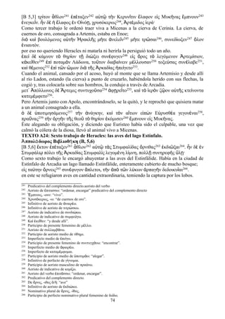 [Β 5,3] τρίτον ἆθλον241 ἐπέταξεν242 αὐτῷ τὴν Κερυνῖτιν ἔλαφον εἰς Μυκήνας ἔμπνουν243
ἐνεγκεῖν. ἦν δὲ ἡ ἔλαφος ἐν Οἰνόῃ, χρυσόκερως244, Ἀρτέμιδος ἱερά·
Como tercer trabajo le ordenó traer viva a Micenas a la cierva de Cerinia. La cierva, de
cuernos de oro, consagrada a Artemis, estaba en Enoe;
διὸ καὶ βουλόμενος αὐτὴν Ἡρακλῆς μήτε ἀνελεῖν245 μήτε τρῶσαι246, συνεδίωξεν247 ὅλον
ἐνιαυτόν.
por eso no queriendo Heracles ni matarla ni herirla la persiguió todo un año.
ἐπεὶ δὲ κάμνον τὸ θηρίον τῇ διώξει συνέφυγεν248 εἰς ὄρος τὸ λεγόμενον Ἀρτεμίσιον,
κἀκεῖθεν249 ἐπὶ ποταμὸν Λάδωνα, τοῦτον διαβαίνειν μέλλουσαν250 τοξεύσας συνέλαβε251,
καὶ θέμενος252 ἐπὶ τῶν ὤμων διὰ τῆς Ἀρκαδίας ἠπείγετο253.
Cuando el animal, cansado por el acoso, huyó al monte que se llama Artemisio y desde allí
al río Ladon, estando (la cierva) a punto de cruzarlo, habiéndola herido con sus flechas, la
cogió y, tras colocarla sobre sus hombros, la condujo a través de Arcadia.
μετ᾽ Ἀπόλλωνος δὲ Ἄρτεμις συντυχοῦσα254 ἀφῃρεῖτο255, καὶ τὸ ἱερὸν ζῷον αὐτῆς κτείνοντα
κατεμέμφετο256.
Pero Ártemis junto con Apolo, encontrándoselo, se la quitó, y le reprochó que quisiera matar
a un animal consagrado a ella.
ὁ δὲ ὑποτιμησάμενος257 τὴν ἀνάγκην, καὶ τὸν αἴτιον εἰπὼν Εὐρυσθέα γεγονέναι258,
πραΰνας259 τὴν ὀργὴν τῆς θεοῦ τὸ θηρίον ἐκόμισεν260 ἔμπνουν εἰς Μυκήνας.
Éste alegando su obligación, y diciendo que Euristeo había sido el culpable, una vez que
calmó la cólera de la diosa, llevó al animal vivo a Micenas.
TEXTO A24: Sexto trabajo de Heracles: las aves del lago Estínfalo.
Ἀππολόδωρος Βιβλιοθήκη (Β, 5,6)
[Β 5,6] ἕκτον ἐπέταξεν261 ἆθλον262 αὐτῷ τὰς Στυμφαλίδας ὄρνιθας263 ἐκδιῶξαι264. ἦν δὲ ἐν
Στυμφάλῳ πόλει τῆς Ἀρκαδίας Στυμφαλὶς λεγομένη λίμνη, πολλῇ συνηρεφὴς ὕλῃ·
Como sexto trabajo le encargó ahuyentar a las aves del Estinfálide. Había en la ciudad de
Estínfalo de Arcadia un lago llamado Estinfálide, enteramente cubierto de mucho bosque;
εἰς ταύτην ὄρνεις265 συνέφυγον ἄπλετοι, τὴν ἀπὸ τῶν λύκων ἁρπαγὴν δεδοικυῖαι266.
en este se refugiaron aves en cantidad extraordinaria, temiendo la captura por los lobos.
241 Predicativo del complemento directo.aoristo del verbo
242 Aoristo de πιτασσω: “ordenar, encargar” predicativo del complemento directoἐ
243 μπνους, -ουν: “vivo”.Ἔ
244 Χρυσ κερως, -ω: “de cuernos de oro”.ό
245 Infinitivo de aoristo de ναιρ ω.ἀ έ
246 Infinitivo de aoristo de τιτρ σκω.ώ
247 Aoristo de indicativo de συνδι κω.ώ
248 Aoristo de indicativo de συμφε γω.ύ
249 Κα κε θεν: “y desde allí”.ὶ ἐ ῖ
250 Participio de presente femenino de μ λλω.έ
251 Aoristo de συλλαμβ νω.ά
252 Participio de aoristo medio de τ θημι.ί
253 Imperfecto medio de πε γω.ἐ ί
254 Participio de presente femenino de συντυγχ νω: “encontrar”.ά
255 Imperfecto medio de φαιρ ω.ἀ έ
256 Imperfecto de καταμ μφομαι.έ
257 Participio de aoristo medio de ποτιμ ω: “alegar”.ὑ ά
258 Infinitivo de perfecto de γ γνομαι.ί
259 Participio de aoristo masculino de πρα νω.ύ
260 Aoristo de indicativo de κομ ζω.ί
261 Aoristo del verbo πιτ σσω: “ordenar, encargar”.ἐ ά
262 Predicativo del complemento directo.
263 De ρνις, -ιθος / : “ave”ὄ ὁ ἡ
264 Infinitivo de aoristo de κδι κω.ἐ ώ
265 Nominativo plural de ρνις, - θος,ὄ ί
266 Participio de perfecto nominativo plural femenino de δε δω.ί
74
 