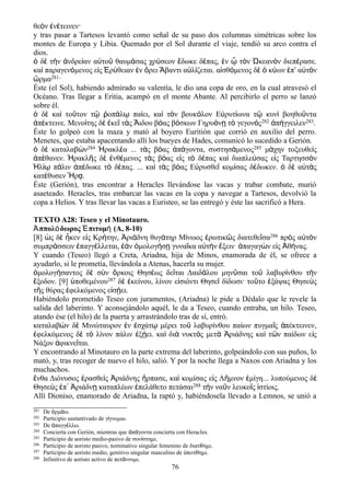 θεὸν ἐνέτεινεν·
y tras pasar a Tartesos levantó como señal de su paso dos columnas simétricas sobre los
montes de Europa y Libia. Quemado por el Sol durante el viaje, tendió su arco contra el
dios.
ὁ δὲ τὴν ἀνδρείαν αὐτοῦ θαυμάσας χρύσεον ἔδωκε δέπας, ἐν ᾧ τὸν Ὠκεανὸν διεπέρασε.
καὶ παραγενόμενος εἰς Ἐρύθειαν ἐν ὄρει Ἄβαντι αὐλίζεται. αἰσθόμενος δὲ ὁ κύων ἐπ αʹ ὐτὸν
ὥρμα281·
Éste (el Sol), habiendo admirado su valentía, le dio una copa de oro, en la cual atravesó el
Océano. Tras llegar a Eritia, acampó en el monte Abante. Al percibirlo el perro se lanzó
sobre él.
ὁ δὲ καὶ τοῦτον τῷ ῥοπάλῳ παίει, καὶ τὸν βουκόλον Εὐρυτίωνα τῷ κυνὶ βοηθοῦντα
ἀπέκτεινε. Μενοίτης δὲ ἐκεῖ τὰς Ἅιδου βόας βόσκων Γηρυόνῃ τὸ γεγονὸς282 ἀπήγγειλεν283.
Éste lo golpeó con la maza y mató al boyero Euritión que corrió en auxilio del perro.
Menetes, que estaba apacentando allí los bueyes de Hades, comunicó lo sucedido a Gerión.
ὁ δὲ καταλαβὼν284 Ἡρακλέα ... τὰς βόας ἀπάγοντα, συστησάμενος285 μάχην τοξευθεὶς
ἀπέθανεν. Ἡρακλῆς δὲ ἐνθέμενος τὰς βόας εἰς τὸ δέπας καὶ διαπλεύσας εἰς Ταρτησσὸν
Ἡλίῳ πάλιν ἀπέδωκε τὸ δέπας. ... καὶ τὰς βόας Εὐρυσθεῖ κομίσας δέδωκεν. ὁ δὲ αὐτὰς
κατέθυσεν Ἥρᾳ.
Éste (Gerión), tras encontrar a Heracles llevándose las vacas y trabar combate, murió
asaeteado. Heracles, tras embarcar las vacas en la copa y navegar a Tartesos, devolvió la
copa a Helios. Y tras llevar las vacas a Euristeo, se las entregó y éste las sacrificó a Hera.
TEXTO A28: Teseo y el Minotauro.
Ἀππολόδωρος Ἐπιτομή (A, 8-10)
[8] ὡς δὲ ἧκεν εἰς Κρήτην, Ἀριάδνη θυγάτηρ Μίνωος ἐρωτικῶς διατεθεῖσα286 πρὸς αὐτὸν
συμπράσσειν ἐπαγγέλλεται, ἐὰν ὁμολογήσῃ γυναῖκα αὐτὴν ἕξειν ἀπαγαγὼν εἰς Ἀθήνας.
Y cuando (Teseo) llegó a Creta, Ariadna, hija de Minos, enamorada de él, se ofrece a
ayudarlo, si le prometía, llevándola a Atenas, hacerla su mujer.
ὁμολογήσαντος δὲ σὺν ὅρκοις Θησέως δεῖται Δαιδάλου μηνῦσαι τοῦ λαβυρίνθου τὴν
ἔξοδον. [9] ὑποθεμένου287 δὲ ἐκείνου, λίνον εἰσιόντι Θησεῖ δίδωσι· τοῦτο ἐξάψας Θησεὺς
τῆς θύρας ἐφελκόμενος εἰσῄει.
Habiéndolo prometido Teseo con juramentos, (Ariadna) le pide a Dédalo que le revele la
salida del laberinto. Y aconsejándolo aquél, le da a Teseo, cuando entraba, un hilo. Teseo,
atando ése (el hilo) de la puerta y arrastrándolo tras de sí, entró.
καταλαβ ν δ Μινώταυρον ν σχάτ μέρει το λαβυρίνθου παίων πυγμα ς πέκτεινεν,ὼ ὲ ἐ ἐ ῳ ῦ ῖ ἀ
φελκόμενος δ τ λίνον πάλιν ξ ει. κα δι νυκτ ς μετ ριάδνης κα τ ν παίδων ε ςἐ ὲ ὸ ἐ ῄ ὶ ὰ ὸ ὰ Ἀ ὶ ῶ ἰ
Νάξον φικνε ται.ἀ ῖ
Y encontrando al Minotauro en la parte extrema del laberinto, golpeándolo con sus puños, lo
mató, y, tras recoger de nuevo el hilo, salió. Y por la noche llega a Naxos con Ariadna y los
muchachos.
ἔνθα Διόνυσος ἐρασθεὶς Ἀριάδνης ἥρπασε, καὶ κομίσας εἰς Λῆμνον ἐμίγη... λυπούμενος δὲ
Θησεὺς ἐπ᾽ Ἀριάδνῃ καταπλέων ἐπελάθετο πετάσαι288 τὴν ναῦν λευκοῖς ἱστίοις.
Allí Dioniso, enamorado de Ariadna, la raptó y, habiéndosela llevado a Lemnos, se unió a
281 De ρμ ω.ὁ ά
282 Participio sustantivado de γ γνομαι.ί
283 De παγγ λλω.ἀ έ
284 Concierta con Gerión, mientras que π γοντα concierta con Heracles.ἀ ά
285 Participio de aoristo medio-pasivo de συν στημι.ί
286 Participio de aoristo pasivo, nominativo singular femenino de διατ θημι.ί
287 Participio de aoristo medio, genitivo singular masculino de ποτ θημι.ὑ ί
288 Infinitivo de aoristo activo de πετ ννυμι.ά
76
 