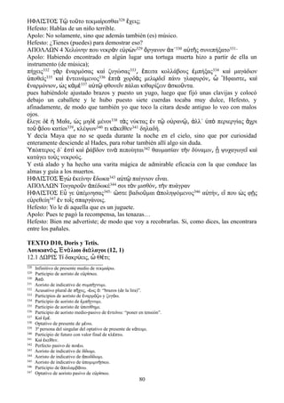 ΗΦΑΙΣΤΟΣ Τῷ τοῦτο τεκμαίρεσθαι328 ἔχεις;
Hefesto: Hablas de un niño terrible.
Apolo: No solamente, sino que además también (es) músico.
Hefesto: ¿Tienes (puedes) para demostrar eso?
ΑΠΟΛΛΩΝ 4 Χελώνην που νεκρὰν εὑρὼν329 ὄργανον ἀπ΄330 αὐτῆς συνεπήξατο331·
Apolo: Habiendo encontrado en algún lugar una tortuga muerta hizo a partir de ella un
instrumento (de música);
πήχεις332 γὰρ ἐναρμόσας καὶ ζυγώσας333͵ ἔπειτα κολλάβους ἐμπήξας334 καὶ μαγάδιον
ὑποθεὶς335 καὶ ἐντεινάμενος336 ἑπτὰ χορδὰς μελῳδεῖ πάνυ γλαφυρόν͵ ὦ ῞Ηφαιστε κα͵ ὶ
ἐναρμόνιον͵ ὡς κἀμὲ337 αὐτῷ φθονεῖν πάλαι κιθαρίζειν ἀσκοῦντα.
pues habiéndole ajustado brazos y puesto un yugo, luego que fijó unas clavijas y colocó
debajo un caballete y le hubo puesto siete cuerdas tocaba muy dulce, Hefesto, y
afinadamente, de modo que también yo que toco la citara desde antiguo lo veo con malos
ojos.
ἔλεγε δὲ ἡ Μαῖα͵ ὡς μηδὲ μένοι338 τὰς νύκτας ἐν τῷ οὐρανῷ͵ ἀλλ΄ ὑπὸ περιεργίας ἄχρι
τοῦ ᾅδου κατίοι339͵ κλέψων340 τι κἀκεῖθεν341 δηλαδή.
Y decía Maya que no se queda durante la noche en el cielo, sino que por curiosidad
enteramente desciende al Hades, para robar también allí algo sin duda.
Ὑπόπτερος δ΄ ἐστὶ καὶ ῥάβδον τινὰ πεποίηται342 θαυμασίαν τὴν δύναμιν͵ ᾗ ψυχαγωγεῖ καὶ
κατάγει τοὺς νεκρούς.
Y está alado y ha hecho una varita mágica de admirable eficacia con la que conduce las
almas y guía a los muertos.
ΗΦΑΙΣΤΟΣ Ἐγὼ ἐκείνην ἔδωκα343 αὐτῷ παίγνιον εἶναι.
ΑΠΟΛΛΩΝ Τοιγαροῦν ἀπέδωκέ344 σοι τὸν μισθόν τ͵ ὴν πυάγραν
ΗΦΑΙΣΤΟΣ Εὖ γε ὑπέμνησας345· ὥστε βαδιοῦμαι ἀποληψόμενος346 αὐτήν ε͵ ἴ που ὡς φῂς
εὑρεθείη347 ἐν τοῖς σπαργάνοις.
Hefesto: Yo le di aquella que es un juguete.
Apolo: Pues te pagó la recompensa, las tenazas…
Hefesto: Bien me advertiste; de modo que voy a recobrarlas. Si, como dices, las encontrara
entre los pañales.
TEXTO D10, Doris y Tetis.
Λουκιανός, Ἐνάλιοι διάλογοι (12, 1)
12.1 ΔΩΡΙΣ Τ δακρ εις, Θ τι;ί ύ ὦ έ
328 Infinitivo de presente medio de τεκμα ρω.ί
329 Participio de aoristo de ε ρ σκω.ὑ ί
330 π .Ἀ ό
331 Aoristo de indicativo de συμπ γνυμι.ή
332 Acusativo plural de π χυς, - ως : “brazos (de la lira)”.ῆ έ ὁ
333 Participios de aoristo de ναρμ ζω y ζυγ ω.ἐ ό ό
334 Participio de aoristo de μπ γνυμι.ἐ ή
335 Participio de aoristo de ποτ θημι.ὑ ί
336 Participio de aoristo medio-pasivo de ντε νω: “poner en tensión”.ἐ ί
337 Κα μ .ὶ ἐ έ
338 Optativo de presente de μ νω.έ
339 3ª persona del singular del optativo de presente de κ τειμι.ά
340 Participio de futuro con valor final de κλ πτω.έ
341 Κα κε θεν.ὶ ἐ ῖ
342 Perfecto pasivo de ποι ω.έ
343 Aoristo de indicativo de δ δωμι.ί
344 Aoristo de indicativo de ποδ δωμι.ἀ ί
345 Aoristo de indicativo de πομιμν σκω.ὑ ή
346 Participio de πολαμβ νω.ἀ ά
347 Optativo de aoristo pasivo de ε ρ σκω.ὑ ί
80
 