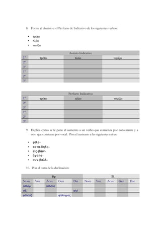 8. Forma el Aoristo y el Perfecto de Indicativo de los siguientes verbos:
• τρέπω
• πλέω
• νοµίζω
Aoristo Indicativo
1º τρέπω πλέω νοµίζω
2º
3º
1º
2º
3º
Perfecto Indicativo
1º τρέπω πλέω νοµίζω
2º
3º
1º
2º
3º
9. Explica cómo se le pone el aumento a un verbo que comienza por consonante y a
otro que comienza por vocal. Pon el aumento a las siguientes raíces:
• φίλε-
• κατα-δηλο-
• εἰς-βαιν-
• ἀγαπα-
• συν-βαλλ-
10. Pon el resto de la declinación:
Sg Pl
Nom Voc Acus Gen Dat Nom Voc Acus Gen Dat
αἰθιόψ αἰθιόπα
αἴξ αἰγί
φάλαγξ φάλαγγος
 