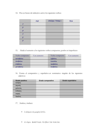 14. Pon en futuro de indicativo activo los siguientes verbos:
εἰµί σπείρω (*σπερ-) ἄγω
1º
2º
3º
1º
2º
3º
15. Añade el aumento a los siguientes verbos compuestos, ponlos en imperfecto:
Verbo compuesto Con aumento Verbo compuesto Con aumento
καταβαίνω ἐµβαίνω
ἀποβαίνω ἐγκαλέω
ἐπιβαίνω προβαίνω
µεταβαίνω ἐκαβαίνω
16. Forma el comparativo y superlativo en nominativo singular de los siguientes
adjetivos:
Grado positivo Grado comparativo Grado superlativo
κοῦφος
σεµνός
χαλεπός
ἔνδοξος
σοφὀς
ὕψηλος
17. Analiza y traduce:
• oJ kovsmo" ouj mikrov" ejstivn.
• oiJ novmoi fulavttousi to;n bivon tw`n politw`n.
 