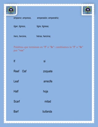emperor, empress,   emperador, emperatriz;


tiger, tigress,     tigre, tigresa;


hero, heroine,      héroe, heroína;



Palabras que terminan en "f" o "fe": cambiamos la "f" o "fe"
por "ves"


If                          si


Reef Oaf                   zoquete


Leaf                        arrecife


Half                       hoja


Scarf                        mitad


Barf                       bufanda
 
