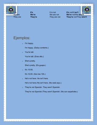 It is                 It's                     It is not       It's not/It isn't
We are                We're                    We are not      We're not/We aren't
They are              They're                  They are not    They're not/They aren't




Ejemplos:
           o   I'm happy.

               I'm happy. (Estoy contento.)

           o   You're tall.

               You're tall. (Eres alto.)

           o   She's pretty.

               She's pretty. (Es guapa.)

           o   It's 10:00.

               It's 10:00. (Son las 10h.)

           o   He's not here. He isn't here.

               He's not here./He isn't here. (No está aqui.)

           o   They're not Spanish. They aren't Spanish.

               They're not Spanish./They aren't Spanish. (No son españoles.)
 