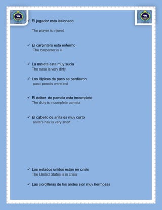  El jugador esta lesionado

  The player is injured



 El carpintero esta enfermo
  The carpenter is ill


 La maleta esta muy sucia
  The case is very dirty

 Los lápices de paco se perdieron
  paco pencils were lost


 El deber de pamela esta incompleto
  The duty is incomplete pamela



 El cabello de anita es muy corto
  anita's hair is very short




 Los estados unidos están en crisis
  The United States is in crisis

 Las cordilleras de los andes son muy hermosas
 