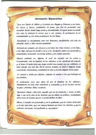 ' Jute pe* Gpele d Aiecke- u, ¿scelapit pe* Slaaeia 9 Panacea a pe* tedee 
6.v dieses a dieeas, peniendelee de jaeces, que éste mi jutameréc- seto, 
compüde huta dende tenpe pede* a dúcetnimienie-. CL aqud quien me ensené-este 
atte, le estímate le- mis me- que a mis padtes; d pattidpatá de mi 
mantenimiente a ¿il¿ data pattidpatá de mii (¿enes. 
Ccnsidetaté su descendencia cerne- mis hetmanes, ensendndeles este atte sin 
cee*ades nada,si dles desean aptendetLe. 
Jnsttuiu pe* cencepte-, pe* discutse a en tedas las citas lernas, a mis nijes, 
a lee hijee dd que me ensené- a mí a a Les disapulee anide* pe* javamente a 
estipularen, de acuerde cen la leu medica, une-a citas petsenas. 
£U»até adelante ese téqimen, d atol de acuetde ten mi pede* a 
discetnimiente seta en f<ne¿ide de lee enlames a les apattazá dd ptejuiáe-u 
d tette-t. CL nadie daté ana dteeja me-ttal aun cuande- me sea scüatada, ni 
daté censeje C M este ¿in. íDe la misma maneta, ne daté a ninguna mu jet 
supeeée*¿ee desttudetes; mantendté mi vida a mi atte alejade de la culpa. 
.Ve- ¿petate a nadie pe* ccUculee, dejande d camine- a les que ttafajan en 
esa pxádka. 
CL cualesquiet cesa que entte, ¿té pe* d (entfiáe de lee enletmes, 
etíeniendeme de tede- ette* veíuntave- u cettupden, u de la lascsea cen las 
mu jetes uheme*es Hites eesdaoee. 
Quatdaté silencie- tef*e tede- aqudle que en mi pteiesién, c- ¿ueta de día, 
cica c vea en la sida de lee hemStee que ne- deéan sex púeHices, manteniende 
estas cesas de maneta que ne se pueda haHat de dios. 
CLheta, si cumple- este jutómente a ne le- queétante, que lee ¿tutee de la sida 
a d atte sean míes, que sea siempte henxade- pc-t tedee lee heme*es a que le 
centtatie meecutta silequefaante a seu petjate.' 
 