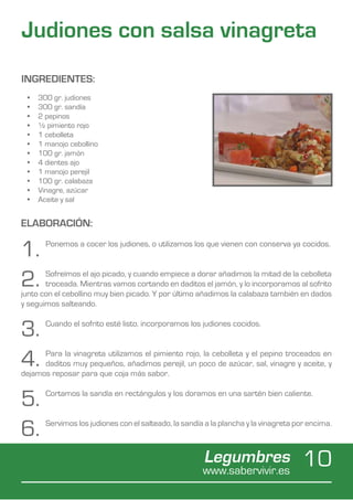 Judiones con salsa vinagreta
INGREDIENTES:
 •	   300 gr. judiones
 •	   300 gr. sandía
 •	   2 pepinos
 •	   ½ pimiento rojo
 •	   1 cebolleta
 •	   1 manojo cebollino
 •	   100 gr. jamón
 •	   4 dientes ajo
 •	   1 manojo perejil
 •	   100 gr. calabaza
 •	   Vinagre, azúcar
 •	   Aceite y sal


ELABORACIÓN:

1.      Ponemos a cocer los judiones, o utilizamos los que vienen con conserva ya cocidos.



2.     Sofreímos el ajo picado, y cuando empiece a dorar añadimos la mitad de la cebolleta
       troceada. Mientras vamos cortando en daditos el jamón, y lo incorporamos al sofrito
junto con el cebollino muy bien picado. Y por último añadimos la calabaza también en dados
y seguimos salteando.


3.      Cuando el sofrito esté listo, incorporamos los judiones cocidos.



4.    Para la vinagreta utilizamos el pimiento rojo, la cebolleta y el pepino troceados en
      daditos muy pequeños, añadimos perejil, un poco de azúcar, sal, vinagre y aceite, y
dejamos reposar para que coja más sabor.


5.      Cortamos la sandía en rectángulos y los doramos en una sartén bien caliente.



6.      Servimos los judiones con el salteado, la sandía a la plancha y la vinagreta por encima.



                                                        Legumbres
                                                        www.sabervivir.es
                                                                                       10
 