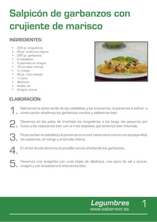 Salpicón de garbanzos con
crujiente de marisco
INGREDIENTES:
 •	   300 gr. langostinos
 •	   40 gr. aceitunas negras
 •	   200 gr. garbanzos
 •	   2 cebolletas
 •	   4 pepinillos en vinagre
 •	   10 tomates cherrys
 •	   ½ mango
 •	   40 gr. maíz tostado
 •	   1 huevo
 •	   Albahaca
 •	   Aceite, sal
 •	   Vinagre, azúcar


ELABORACIÓN:

1.      Retiramos la parte verde de las cebolletas y los troceamos, lo ponemos a sofreir, a
        continuación añadimos los garbanzos cocidos y salteamos bien.


2.      Clavamos en los palos de brocheta los langostinos a los largo, las pasamos por
        huevo y los rebozamos bien con el maíz tostados que tenemos bien triturado.


3.      Picamos bien la cebolleta y la ponemos en un bol, hacemos lo mismo con los pepinillos,
        las aceitunas, el mango y el tomate cherry.


4.      En el bol donde tenemos el picadillo vamos añadiendo los garbanzos.



5.      Hacemos una vinagreta con unas hojas de albahaca, una pizca de sal y azúcar,
        vinagre y con la batidora lo trituramos bien.




                                                       Legumbres
                                                       www.sabervivir.es
                                                                                         1
 