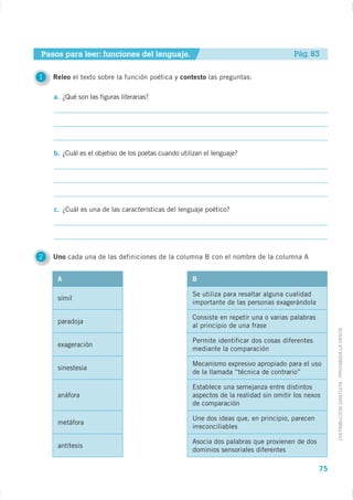 Pasos para leer: funciones del lenguaje.                                               Pág. 83

1   Releo el texto sobre la función poética y contesto las preguntas:

    a. ¿Qué son las figuras literarias?




    b. ¿Cuál es el objetivo de los poetas cuando utilizan el lenguaje?




    c. ¿Cuál es una de las características del lenguaje poético?




2   Uno cada una de las definiciones de la columna B con el nombre de la columna A


     A                                               B

                                                     Se utiliza para resaltar alguna cualidad
     símil
                                                     importante de las personas exagerándola

                                                     Consiste en repetir una o varias palabras
     paradoja
                                                     al principio de una frase

                                                     Permite identificar dos cosas diferentes         DISTRIBUCIÓN GRATUITA - PROHIBIDA LA VENTA
     exageración
                                                     mediante la comparación

                                                     Mecanismo expresivo apropiado para el uso
     sinestesia
                                                     de la llamada “técnica de contrario”

                                                     Establece una semejanza entre distintos
     anáfora                                         aspectos de la realidad sin omitir los nexos
                                                     de comparación

                                                     Une dos ideas que, en principio, parecen
     metáfora
                                                     irreconciliables

                                                     Asocia dos palabras que provienen de dos
     antítesis
                                                     dominios sensoriales diferentes

                                                                                                 75
 