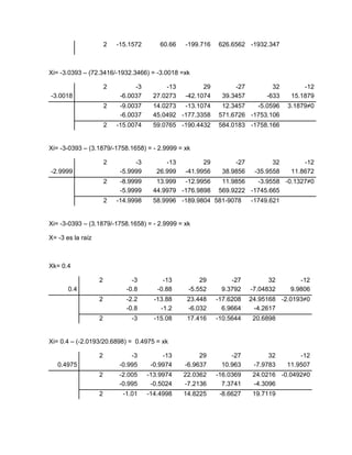 2   -15.1572       60.66   -199.716   626.6562 -1932.347



Xi= -3.0393 – (72.3416/-1932.3466) = -3.0018 =xk

                       2         -3        -13          29        -27          32        -12
-3.0018                     -6.0037    27.0273    -42.1074    39.3457        -633    15.1879
                       2    -9.0037    14.0273 -13.1074       12.3457   -5.0596     3.1879≠0
                            -6.0037    45.0492 -177.3358     571.6726 -1753.106
                       2   -15.0074    59.0765 -190.4432     584.0183 -1758.166


Xi= -3-0393 – (3.1879/-1758.1658) = - 2.9999 = xk

                       2         -3         -13         29        -27          32        -12
-2.9999                     -5.9999      26.999   -41.9956    38.9856    -35.9558    11.8672
                       2    -8.9999     13.999 -12.9956       11.9856   -3.9558 -0.1327≠0
                            -5.9999    44.9979 -176.9898     569.9222 -1745.665
                       2   -14.9998    58.9996 -189.9804 581-9078       -1749.621


Xi= -3-0393 – (3.1879/-1758.1658) = - 2.9999 = xk

X= -3 es la raíz



Xk= 0.4

                   2            -3         -13         29        -27          32        -12
       0.4                    -0.8       -0.88     -5.552     9.3792    -7.04832     9.9806
                   2          -2.2      -13.88     23.448    -17.6208   24.95168 -2.0193≠0
                              -0.8        -1.2     -6.032      6.9664    -4.2617
                   2            -3      -15.08     17.416    -10.5644    20.6898


Xi= 0.4 – (-2.0193/20.6898) = 0.4975 = xk

                   2           -3          -13         29        -27          32        -12
   0.4975                  -0.995      -0.9974    -6.9637     10.963     -7.9783    11.9507
                   2       -2.005     -13.9974    22.0362    -16.0369    24.0216 -0.0492≠0
                           -0.995      -0.5024    -7.2136      7.3741    -4.3096
                   2         -1.01    -14.4998    14.8225     -8.6627    19.7119
 