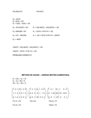 F2(-29/2)+F3                        F3(14/57)



X3= -83/57
X2 - 8/7X3 = 6/7
X1 + 3/2X2 – 5/2X3 = 3/2

X2 – 8/7(-83/57) = 6/7      X1 + 3/2(-46/57) – 5/2(-83/57) = -3/2

X2 + 664/399 = 6/7           X1 – 23/19 + 415/114 = -3/2

X2 = 6/7 – 664/399           X1 = -3/2 + 23/19 -415/114 = -224/57

X2 = -46/57



-224/57 + 3/2(-46/57) – 5/2(-83/57) = -3/2

-224/57 – 23/19 + 415/114 = -3/2

PROBLEMA CORRECTO




              MÉTODO DE GAUSS – JORDAN (MATRIZ AUMENTADA)

X1 + 2X2 – X3 = 10
X1 – X2 + 3X3 = 5
3X1 + X2 – 4X3 = 3


1 2 -1 10 1 0 0          1 2 -1 10 1 0 0          1 2 -1    10      1   0 0

1 -1 3 5 0 1 0       = 0 -3 4 -5 -1 1 0         = 0 1 -4/3 5/3 1/3 -1/3 0     =

3 1 -4 3 0 0 1           0 -5 -1 -27 -3 0 1       0 -5 -1 -27 -3        0 1

F1(-1) + F2              F2(-1/3)                  F2(-2) + F1

F1(-3) + F3                                        F2(5) + F3
 
