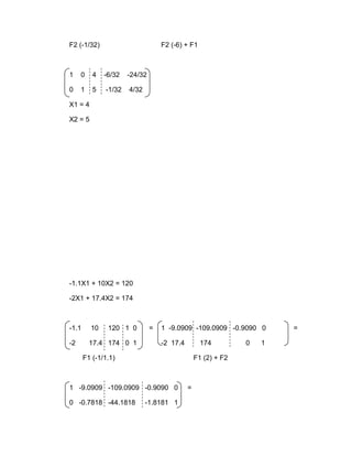 F2 (-1/32)                         F2 (-6) + F1



1    0    4   -6/32   -24/32

0    1    5   -1/32   4/32

X1 = 4

X2 = 5




-1.1X1 + 10X2 = 120

-2X1 + 17.4X2 = 174



-1.1     10    120 1 0         =   1 -9.0909 -109.0909 -0.9090 0       =

-2       17.4 174 0 1              -2 17.4         174         0   1

       F1 (-1/1.1)                               F1 (2) + F2



1 -9.0909 -109.0909 -0.9090 0                =

0 -0.7818 -44.1818           -1.8181 1
 