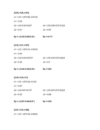 {2.95, 0.26, 6.91}

x1 = (12 + (6*0.26) -6.91)/2

x1 = 3.32

x2 = (-8+3.32+6.9)/7           x3 = (16-2.95+(3*0.31))/2

x2 = 0.31                      x3 = 6.97


Ep = | (3.32-2.95)/3.32 |      Ep = 0.111



{3.32, 0.31, 6.97}

x1 = (12 + (6*0.31) -6.97)/2

x1 = 3.44

x2 = (-8+3.44+6.97)/7          x3 = (16-3.44+(3*0.34))/2

x2 = 0.34                      x3 = 6.7


Ep = | (3.44-3.32)/3.44 |      Ep = 0.03



{3.44, 0.34, 6.7}

x1 = (12 + (6*0.34) -6.7)/2

x1 = 3.67

x2 = (-8+3.67+6.7)/7           x3 = (16-3.67+(3*0.33))/2

x2 = 0.33                      x3 = 6.66


Ep = | (3.67-3.44)/3.67 |      Ep = 0.05



{3.67, 0.33, 6.66}

x1 = (12 + (6*0.33) -6.66)/2
 