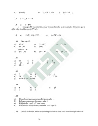 d) 0,0,0 e) 4,−29/15,−2 f) −2,−2/3,17
1.7 a = −3, b = −1/4
1.8 a) α = 5/2
b) No es posible encontrar tal escalar porque al igualar las coordenadas obtenemos que α
debe valer simultáneamente 3/2 y 3.
1.9 a) −3/2,31/10,−13/2 b) 6,−54/5,−6
1.10 Ejercicio 1.2:
a) 2,−4 b) −3,−1/2 c) −1,0
d) 5/3,4 e) 0,0
Ejercicio 1.4:
a) 2,−1,1 b) 0,−2,5 c) 0,1,2
1.11
a) 10 b) 0 c) −8
d) −24 e) 0 f) −7/3
g) 2,−1
1.12
a) 5 b) 4 c) 8
d) 24 e) 0 f) 25/3
g) −29/14,−1/7,11/14
1.13
a) 5 b) 1 c) 2
5
d) 3 e) 1
1.14
a) Circunferencia con centro en el origen y radio 1.
b) Esfera con centro en el origen y radio 1.
c) Unión de los ejes X e Y en el plano.
d) Unión de los tres planos coordenados en el espacio.
1.15 Una recta siempre puede ser descrita por diversas ecuaciones vectoriales paramétricas
20
 