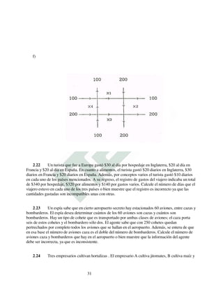 f)
2.22 Un turista que fue a Europa gastó $30 al día por hospedaje en Inglaterra, $20 al día en
Francia y $20 al día en España. En cuanto a alimentos, el turista gastó $20 diarios en Inglaterra, $30
diarios en Francia y $20 diarios en España. Además, por conceptos varios el turista gastó $10 diarios
en cada uno de los países mencionados. A su regreso, el registro de gastos del viajero indicaba un total
de $340 por hospedaje, $320 por alimentos y $140 por gastos varios. Calcule el número de días que el
viajero estuvo en cada uno de los tres países o bien muestre que el registro es incorrecto ya que las
cantidades gastadas son incompatibles unas con otras.
2.23 Un espía sabe que en cierto aeropuerto secreto hay estacionados 60 aviones, entre cazas y
bombarderos. El espía desea determinar cuántos de los 60 aviones son cazas y cuántos son
bombarderos. Hay un tipo de cohete que es transportado por ambas clases de aviones; el caza porta
seis de estos cohetes y el bombardero sólo dos. El agente sabe que con 250 cohetes quedan
pertrechados por completo todos los aviones que se hallan en el aeropuerto. Además, se entera de que
en esa base el número de aviones caza es el doble del número de bombarderos. Calcule el número de
aviones caza y bombarderos que hay en el aeropuerto o bien muestre que la información del agente
debe ser incorrecta, ya que es inconsistente.
2.24 Tres empresarios cultivan hortalizas . El empresario A cultiva jitomates, B cultiva maíz y
31
 