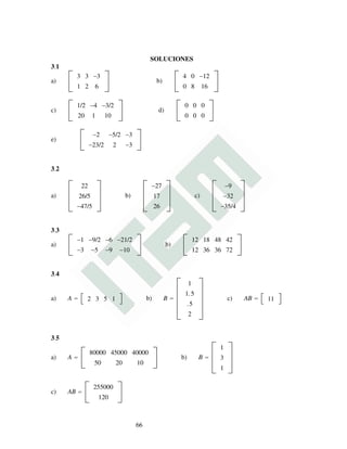 SOLUCIONES
3.1
a)
3 3 −3
1 2 6
b)
4 0 −12
0 8 16
c)
1/2 −4 −3/2
20 1 10
d)
0 0 0
0 0 0
e)
−2 −5/2 −3
−23/2 2 −3
3.2
a)
22
26/5
−47/5
b)
−27
17
26
c)
−9
−32
−35/4
3.3
a)
−1 −9/2 −6 −21/2
−3 −5 −9 −10
b)
12 18 48 42
12 36 36 72
3.4
a) A = 2 3 5 1 b) B =
1
1.5
.5
2
c) AB = 11
3.5
a) A =
80000 45000 40000
50 20 10
b) B =
1
3
1
c) AB =
255000
120
66
 