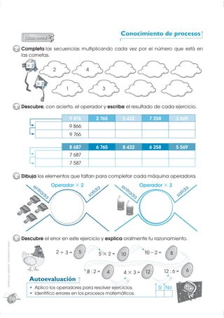 Conocimiento de procesos

                                             2 Completa las secuencias multiplicando cada vez por el número que está en
                                               las cometas.
                                                  ×2
                                                                2                  4

                                                       ×3
                                                                       1                         3


                                             3 Descubre, con acierto, el operador y escribe el resultado de cada ejercicio.

                                                                           9 876               2 765     5 432        7 258           3 569
                                                                           9 866
                                                                           9 766

                                                                           8 687               6 765     8 432        6 258           5 569
                                                                           7 687
                                                                           7 587

                                             4 Dibuja los elementos que faltan para completar cada máquina operadora.
                                                    en          Operador × 2                             en        Operador × 3
                                                        tra                                ida             tra                               id
                                                                                                                                               a
                                                           da                          sal                    da                      s   al




                                             5 Descubre el error en este ejercicio y explica oralmente tu razonamiento.
Distribución gratuita - Prohibida la venta




                                                                    2+ 3 =    5                 5×2=     10         10 – 2 =
                                                                                                                     0            8


                                                                                   8:2=              4    4×3=       12        12 : 6 =       6
                                                   Autoevaluación
                                                       Aplico los operadores para resolver ejercicios.
                                                                                          r ejercicio                     Sí No
                                                       Identiﬁco errores en los procesos matemáticos.
                            116
 