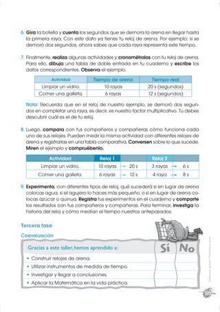 6. Gira la botella y cuenta los segundos que se demora la arena en llegar hasta
   la primera raya. Con este dato ya tienes tu reloj de arena. Por ejemplo: si se
   demoró dos segundos, ahora sabes que cada raya representa este tiempo.

7. Finalmente, realiza algunas actividades y cronométralas con tu reloj de arena.
   Para ello, dibuja una tabla de doble entrada en tu cuaderno y escribe los
   datos correspondientes. Observa el ejemplo.
             Actividad            Tiempo de arena          Tiempo real
         Limpiar un vidrio.           10 rayas           20 s (segundos)
        Comer una galleta.            6 rayas            12 s (segundos)

  Nota: Recuerda que en el reloj de nuestro ejemplo, se demoró dos segun-
  dos en completar una raya, es decir, es nuestro factor multiplicativo. Tú debes
  descubrir cuál es el de tu reloj.

8. Luego, compara con tus compañeros y compañeras cómo funciona cada
   uno de sus relojes. Pueden medir la misma actividad con diferentes relojes de
   arena y registrarlas en una tabla comparativa. Conversen sobre lo que sucede.
   Miren el ejemplo y compruébenlo.

            Actividad               Reloj 1                Reloj 2
         Limpiar un vidrio.        10 rayas      20 s      3 rayas       6s
       Comer una galleta.           6 rayas      12 s      4 raya        8s

9. Experimenta, con diferentes tipos de reloj, qué sucederá si en lugar de arena
   colocas agua, si el agujero lo haces más pequeño, o si en lugar de arena co-
   locas azúcar o quinua. Registra tus experimentos en el cuaderno y comparte
   los resultados con tus compañeros y compañeras. Para terminar, investiga la
   historia del reloj y cómo medían el tiempo nuestros antepasados.

Tercera fase
Coevaluación
                                                                                     Distribución gratuita - Prohibida la venta




   Gracias a este taller, hemos aprendido a:
    Construir relojes de arena.
    Utilizar instrumentos de medida de tiempo.
    Investigar y llegar a conclusiones.
    Aplicar la Matemática en la vida práctica.
                                                                                    125
 