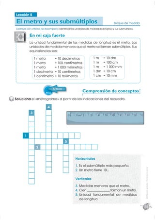 Lección 5

   El metro y sus submúltiplos                                                          Bloque de medida
   Destreza con criterios de desempeño: Identiﬁcar las unidades de medida de longitud y sus submúltiplos.

              En mi caja fuerte
              L
              La unidad fundamental de las medidas de longitud es el metro. Las
              unidades de medida menores que el metro se llaman submúltiplos. Sus
              u
              equivalencias son:

                   1 metro            = 10 decímetros                 1m       = 10 dm
                   1 metro            = 100 centímetros               1m       = 100 cm
                   1 metro            = 1 000 milímetros              1m       = 1 000 mm
                   1 decímetro        = 10 centímetros                1 dm     = 10 cm
                   1 centímetro       = 10 milímetros                 1 cm     = 10 mm


                                     Al texto
                             P. 16
                                                            Comprensión de conceptos
1 Soluciona el «metrograma» a partir de las indicaciones del recuadro.

                              4
               3




          1
                                                5
                    2


                                                      Horizontales
                                                      1. Es el submúltiplo más pequeño.
                                                                                                            Distribución gratuita - Prohibida la venta




                                                      2. Un metro tiene 10...

                                                      Verticales
                                                      3. Medidas menores que el metro.
                                                      4. Cien _____________ forman un metro.
                                                      5. Unidad fundamental de medidas
                                                         de longitud.

                                                                                                            15
 