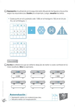5 Representa el sustraendo en la segunda resta dibujando las ﬁguras y los puntos
                                                según las equivalencias. Guíate por el ejemplo. Luego, resuelve las restas.


                                                    Cada punto en el cuadrado vale 1 000; en el hexágono 100; en el círculo
                                                    10, y en el triángulo, 1.

                                                        Um C         D U

                                                         4    6      2   4
                                                     − 1      5      7   8




                                                        Um C         D U

                                                         7    3      3   4
                                                     − 1      4      6   8




                                              6 Escribe la diferencia que se obtiene después de restar a cada cantidad el nú-
                                                mero resaltado. Mira los ejemplos.

                                                             2 665                      754                   1 009

                                                             2 599                                            1 008
Distribución gratuita - Prohibida la venta




                                                             3 245                      876                   7 777




                                                    Autoevaluación                                         Sí No
                                                      Represento restas con material base diez.
                                                      Resuelvo restas con reagrupación.
                                         34
 