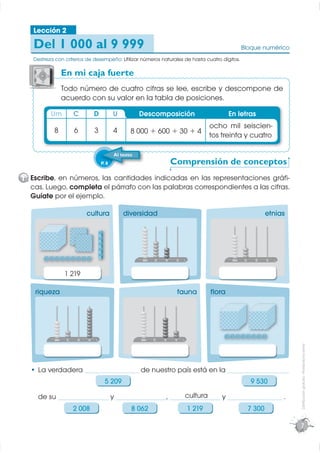 Lección 2

   Del 1 000 al 9 999                                                                         Bloque numérico
   Destreza con criterios de desempeño: Utilizar números naturales de hasta cuatro dígitos.

                 En mi caja fuerte
                 T
                 Todo número de cuatro cifras se lee, escribe y descompone de
                 acuerdo con su valor en la tabla de posiciones.

          Um          C        D          U          Descomposición                   En letras
                                                                               ocho mil seiscien-
           8          6        3          4      8 000 + 600 + 30 + 4
                                                                               tos treinta y cuatro

                                          Al texto
                                   P. 8                           Comprensión de conceptos
1 Escribe, en números, las cantidades indicadas en las representaciones gráﬁ-
  cas. Luego, completa el párrafo con las palabras correspondientes a las cifras.
  Guíate por el ejemplo.

                           cultura            diversidad                                                   etnias




                                                     Um   C   D    U                   Um      C     D     U



                 1 219

    riqueza                                                        fauna       ﬂora




            Um    C    D   U                         Um   C   D    U
                                                                                                                    Distribución gratuita - Prohibida la venta




     La verdadera _______________ de nuestro país está en la _________________
                                     5 209                                                         9 530

     de su ______________ y ______________, ______________ y _______________ .
                                                cultura
                      2 008                      8 062                 1 219                       7 300

                                                                                                                    7
 