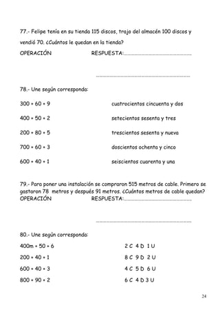 24
77.- Felipe tenía en su tienda 115 discos, trajo del almacén 100 discos y
vendió 70. ¿Cuántos le quedan en la tienda?
OPERACIÓN RESPUESTA:………………………………………………….
………………………………………………………………………
78.- Une según corresponda:
300 + 60 + 9 cuatrocientos cincuenta y dos
400 + 50 + 2 setecientos sesenta y tres
200 + 80 + 5 trescientos sesenta y nueva
700 + 60 + 3 doscientos ochenta y cinco
600 + 40 + 1 seiscientos cuarenta y una
79.- Para poner una instalación se compraron 515 metros de cable. Primero se
gastaron 78 metros y después 91 metros. ¿Cuántos metros de cable quedan?
OPERACIÓN RESPUESTA:………………………………………………….
……………………………………………………………………….
80.- Une según corresponda:
400m + 50 + 6 2 C 4 D 1 U
200 + 40 + 1 8 C 9 D 2 U
600 + 40 + 3 4 C 5 D 6 U
800 + 90 + 2 6 C 4 D 3 U
 