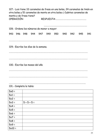 35
127.- Luis tiene 33 caramelos de fresa en una bolsa, 24 caramelos de limón en
otra bolsa y 51 caramelos de menta en otra bolsa ¿ Cuántos caramelos de
menta y de fresa tiene?
OPERACIÓN RESPUESTA:………………………………………………….
……………………………………………………………………….
128.- Ordena los números de menor a mayor:
943 946 948 944 947 949 950 940 942 945 941
……………………………………………………………………………………………………………………………………….
129.- Escribe los días de la semana.
……………………………………………………………………………………………………………………………………
……………………………………………………………………………………………………………………………………
130.- Escribe los meses del año
……………………………………………………………………………………………………………………………………
……………………………………………………………………………………………………………………………………
………………………………………………………………………………………………………………………………..
131.- Completa la tabla:
5x0 =
5x1 =
5x2 =
5x3 = 5 + 5 + 5 =
5x4 =
5x5 =
5x6 =
5x7 =
5x8 =
5x9 =
5x10 =
 