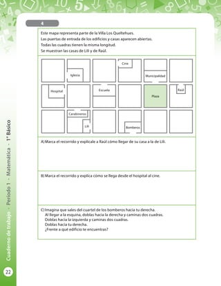 22
Cuadernodetrabajo-Período1-Matemática-1°Básico
4
Este mapa representa parte de la Villa Los Queltehues.
Las puertas de entrada de los edificios y casas aparecen abiertas.
Todas las cuadras tienen la misma longitud.
Se muestran las casas de Lili y de Raúl.
A)	Marca el recorrido y explícale a Raúl cómo llegar de su casa a la de Lili.
B)	Marca el recorrido y explica cómo se llega desde el hospital al cine.
C)	Imagina que sales del cuartel de los bomberos hacia tu derecha.
	 Al llegar a la esquina, doblas hacia la derecha y caminas dos cuadras.
	 Doblas hacia la izquierda y caminas dos cuadras.
	 Doblas hacia tu derecha.
	 ¿Frente a qué edificio te encuentras?
Escuela
Municipalidad
Plaza
Iglesia
Cine
Raúl
Carabineros
Bomberos
Hospital
Lili
 