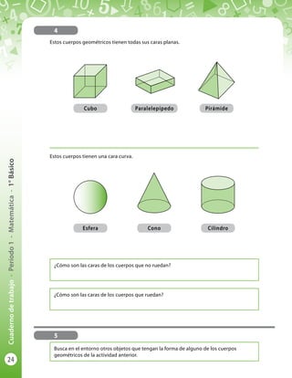 24
Cuadernodetrabajo-Período1-Matemática-1°Básico
4
Estos cuerpos geométricos tienen todas sus caras planas.
Estos cuerpos tienen una cara curva.
Esfera Cono Cilindro
Paralelepípedo Pirámide
5
Busca en el entorno otros objetos que tengan la forma de alguno de los cuerpos
geométricos de la actividad anterior.
¿Cómo son las caras de los cuerpos que no ruedan?
¿Cómo son las caras de los cuerpos que ruedan?
Cubo
 