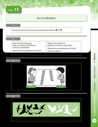 25
Cuadernodetrabajo-Período1-Matemática-1°Básico
CLASE 13
Ac t i v i d a d e s
1
Recita los números de la secuencia de números desde el 8 al 15.
4
¿Qué hay más, aves negras o aves blancas?
Explica a tu grupo y luego comparte con el resto del curso.
3
CamilaEsperanza
Pinta la niña que tiene más dulces.
2
Cada miembro del grupo
tome un montón de palotines
(o fichas) y respondan:
¿Quién tiene más palotines (o fichas)?
¿Cómo lo saben?
Tomen otro montón de
palotines (o fichas) y respondan:
¿Quién tiene más palotines (o fichas)?
¿Cómo lo saben?
 