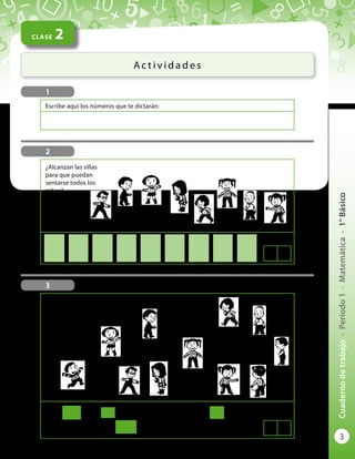 3
Cuadernodetrabajo-Período1-Matemática-1°Básico
CLASE 2
Ac t i v i d a d e s
2
3
1
Escribe aquí los números que te dictarán:
¿Alcanzan las sillas
para que puedan
sentarse todos los
niños?
Luego de dar un
sombrero a cada niño
y niña ¿sobra algún
sombrero?
Sí No
Sí No
 