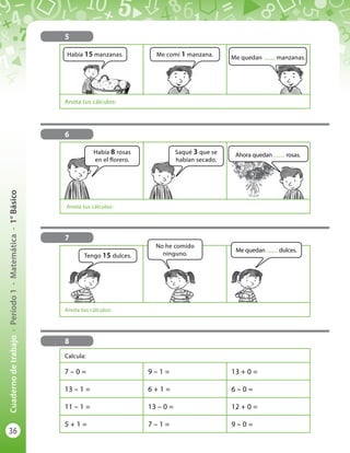 36
Cuadernodetrabajo-Período1-Matemática-1°Básico
Anota tus cálculos:
5
Había 15 manzanas. Me comí 1 manzana. Me quedan ........ manzanas.
6
Anota tus cálculos:
Había 8 rosas
en el florero.
Saqué 3 que se
habían secado.
Ahora quedan ........ rosas.
7
Anota tus cálculos:
Tengo 15 dulces.
No he comido
ninguno.
Me quedan ........ dulces.
8
Calcula:
7 – 0 = 9 – 1 = 13 + 0 =
13 – 1 = 6 + 1 = 6 – 0 =
11 – 1 = 13 – 0 = 12 + 0 =
5 + 1 = 7 – 1 = 9 – 0 =
 