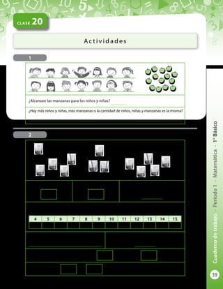 39
Cuadernodetrabajo-Período1-Matemática-1°Básico
CLASE 20
Ac t i v i d a d e s
1
2
¿Alcanzan las manzanas para los niños y niñas?
..................
¿Hay más niños y niñas, más manzanas o la cantidad de niños, niñas y manzanas es la misma?
.........................................................................................................................................................................
¿Cuántos vasos hay? ¿Cuántas bombillas hay? ¿Alcanzas a poner una bombilla en
cada vaso de bebida?
.......................
En la cinta numerada, marca con una V, el número que corresponde a la cantidad de
vasos y con una B el número que corresponde a la cantidad de bombillas.
¿Qué hay más? ¿Vasos o bombillas?
.................................................................................
¿Cuál de estos dos números es mayor?
.......................
Completa con los números anteriores: es mayor que
Simbólicamente:
4 5 6 7 8 9 10 11 12 13 14 15
<
 