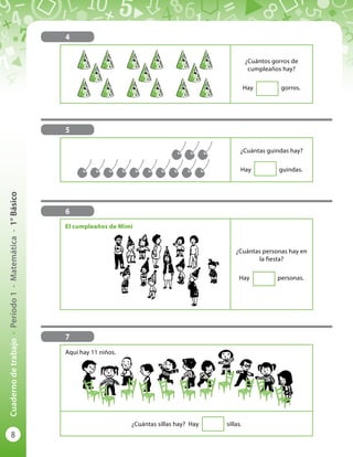 8
Cuadernodetrabajo-Período1-Matemática-1°Básico
4
El cumpleaños de Mimí
¿Cuántas personas hay en
la fiesta?
Hay personas.
7
Aquí hay 11 niños.
¿Cuántas sillas hay? Hay sillas.
6
¿Cuántos gorros de
cumpleaños hay?
Hay gorros.
5
¿Cuántas guindas hay?
Hay guindas.
 