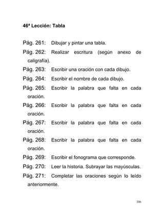 46ª Lección: Tabla
Pág. 261: Dibujar y pintar una tabla.
Pág. 262: Realizar escritura (según anexo de
caligrafía).
Pág. 263: Escribir una oración con cada dibujo.
Pág. 264: Escribir el nombre de cada dibujo.
Pág. 265: Escribir la palabra que falta en cada
oración.
Pág. 266: Escribir la palabra que falta en cada
oración.
Pág. 267: Escribir la palabra que falta en cada
oración.
Pág. 268: Escribir la palabra que falta en cada
oración.
Pág. 269: Escribir el fonograma que corresponde.
Pág. 270: Leer la historia. Subrayar las mayúsculas.
Pág. 271: Completar las oraciones según lo leído
anteriormente.
306
 