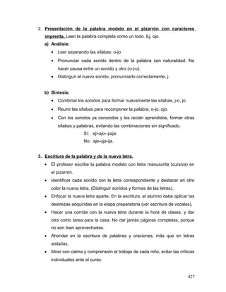 2. Presentación de la palabra modelo en el pizarrón con caracteres
imprenta. Leen la palabra completa como un todo. Ej, ojo.
a) Análisis:
• Leer separando las sílabas: o-jo
• Pronunciar cada sonido dentro de la palabra con naturalidad. No
hacer pausa entre un sonido y otro (o-j-o).
• Distinguir el nuevo sonido, pronunciarlo correctamente, j.
b) Síntesis:
• Combinar los sonidos para formar nuevamente las sílabas, j-o, jo.
• Reunir las sílabas para recomponer la palabra, o-jo, ojo.
• Con los sonidos ya conocidos y los recién aprendidos, formar otras
sílabas y palabras, evitando las combinaciones sin significado.
Sí: ají-ajo- paja.
No: aje-uja-ija.
3. Escritura de la palabra y de la nueva letra.
• El profesor escribe la palabra modelo con letra manuscrita (cursiva) en
el pizarrón.
• Identificar cada sonido con la letra correspondiente y destacar en otro
color la nueva letra. (Distinguir sonidos y formas de las letras).
• Enfocar la nueva letra aparte. En la escritura, el alumno debe aplicar las
destrezas adquiridas en la etapa preparatoria (ver escritura de vocales).
• Hacer una corrida con la nueva letra durante la hora de clases, y dar
otra como tarea para la casa. No dar jamás páginas completas, porque
no son bien aprovechadas.
• Ahondar en la escritura de palabras y oraciones, más que en letras
aisladas.
• Mirar con calma y comprensión el trabajo de cada niño, evitar las críticas
individuales ante el curso.
427
 