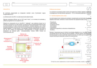 r.a.c
2011
Grupo
Título
4 MicroPLCs
El autómata programable es designado también como Controlador Lógico
Programable (PLC).
La referencia de microPLC no está claramente determinada.
Algunas empresas afirman que un PLC será “micro”, si el número de entradas y
salidas que gobierna no es superior a 32.
Observe la composición de un microPLC, “estándar”, que podemos buscar en el
mercado. Incorpora en un sólo módulo, la mayoría de los componentes básicos para
su funcionamiento, es decir, fuente de alimentación, entradas digitales, una o varias
entradas analógicas, cartucho de memoria donde guardar los programas de usuario,
salidas digitales, y lo más práctico, una pantalla y teclado programador que evita el
uso de una unidad de programación. Adicionalmente, el modelo permitirá la
ampliación de módulos para entradas/salidas, módulo GSM, módulo de
comunicaciones, etc.
PLC
Pg. 4
PLC
Pg. 4
Autómatas programables
Autómatas programables Conceptos
A B
L N I1 I2 I3 I4 I5 I6 I7 I8 I9 AI1AI1+
MicroPLC
Q1 Q2 Q3 Q4
OUTPUT 4xRELAY 10A
OK
Módulo de
entradas digitales
Alimentación
a 230 V ~
incorpora F.A.
Módulo de
entrada
analógica
Cartucho de
memoria
Pantalla
y teclado
programador
Módulo de
salidas digitales
a relé
5 Módulos de entrada
5.1. Señales digitales (todo-nada)
Los módulos de entrada podrán recibir principalmente señales digitales todo/nada,
o analógicas en formato tensión (ejemplo 0...10 V) o intensidad (ejemplo 0...10 mA).
Los terminales de los módulos de entrada o simplemente los terminales de entrada
digitales todo/nada, recibirán un valor de tensión de captadores tales como:
- Pulsadores.
- Interruptores.
- Finales de carrera.
-Termostatos.
- Presostatos.
- Detectores capacitivos, inductivos o fotoeléctricos.
- Etcétera.
Ejemplo. Suponemos que el módulo de entradas digitales de un microPLC admite
una tensión de 24 V DC Cada vez que el captador -final de carrera- permite el paso
de dicha tensión al micro-autómata, estará enviando una señal que el programa de
usuario tendrá que interpretar y actuar en consecuencia.
El final de carrera implementa un valor de tensión en la entrada, cuando es activado.
3
4
24 V c.c.
 