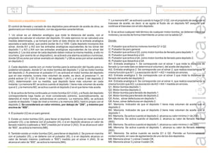 r.a.c
2011
Grupo
Título
Control automático de dos depósitos para óleo
Control automático de dos depósitos para óleo Aplicaciones industriales
Aplicaciones industriales
API. 21
Pg. 2
API. 21
Pg. 2
Descripción y requisitos mínimos
El control de llenado y vaciado de dos depósitos para almacén de aceite de oliva, se
gestionará con microcontrolador, con las siguientes características:
1. Un sónar es un detector analógico que mide la distancia del aceite, con el
propósito de calcular el volumen del depósito. En este ejercicio no se calculará una
medida determinada, y se tomará por tanto el dato directo de la entrada analógica
asociada a cada sónar, que podrá oscilar de 0 a 1000. Cada depósito incorpora dos
sónar, donde AI1 y AI2 son las entradas analógicas equivalentes de los sónar del
depósito 1 y AI3 y AI4 son las entradas analógicas equivalentes de los sónar del
depósito 2. Los dos sónar de cada depósito deben indicar la misma medida, si ello no
ocurriera, (por avería de un dispositivo), se activará una alarma acústica o luminosa,
donde Q5 es aviso por sónar averiado en depósito 1 y Q6 es aviso por sónar averiado
en depósito 2.
2. Cada depósito cuenta con un motor bomba para la extracción del líquido para su
posterior envasado, donde Q1 es motor bomba del depósito 1 y Q2 es motor bomba
del depósito 2. Al presionar el pulsador (I1) se activará el motor bomba del depósito
que en ese instante, tuviera más volumen de aceite, es decir, al presionar I1, se
podrá activar Q1 ó Q2. El sónar 1 del depósito 1 (AI1), y el sónar 3 del depósito 2
(AI2), determinarán con su medida, qué depósito tiene más volumen en cada
instante. La memoria M1 se activa cuando el depósito 1 tiene más volumen de aceite
que el 2, y la memoria M2, se activa cuando el depósito 2 es el que tiene más aceite.
3. Si se activa de forma continuada un motor bomba (Q1 ó Q2), y el fluido del depósito
correspondiente baja hasta un nivel considerado extremo, automáticamente, se
detendrá el motor bomba, activándose el contrario. La memoria (M5), se activará
cuando el depósito 1 baje de nivel a mínimo y la memoria (M3), hará lo propio con el
depósito 2.
4. El pulsador (I2) es un paro general.
5. Existe un motor bomba (Q3), para llenar el depósito 1. Se pone en marcha con el
pulsador (I3), y se detiene con el pulsador (I4), ó si en depósito alcanza un valor de
llenado máximo (calibrado a “800”) medido por el sónar 2 (AI2). Si se alcanza el valor
de “800”, se activa la memoria (M6).
Se considerará un valor mínimo, por debajo de “200”, y máximo por
encima de “800”.
6. También existe un motor bomba (Q4), para llenar el depósito 2. Se pone en marcha
con el pulsador (I5), y se detiene con el pulsador (I6), ó si en depósito alcanza un
valor de llenado máximo (calibrado a “800”) medido por el sónar 4 (AI4). Si se
alcanza el valor de “800”, se activa la memoria (M4).
7. La memoria M7, se activará cuando lo haga Q1 ó Q2, con el propósito de asegurar el
trasvase de aceite, es decir, si se agota el fluido de un depósito M7 asegura que
continúe el trasvase con el otro depósito.
8. Si se activa cualquier relé térmico de cualquier motor-bomba, se detienen todos los
motores y se excita de forma intermitente un aviso con la salida Q7.
I1. Pulsador que activa los motores-bomba Q1 ó Q2.
I2. Pulsador de paro general.
I3. Pulsador que activa a Q3, como motor-bomba de llenado para depósito 1.
I4. Pulsador que desactiva a Q3.
I5. Pulsador que activa a Q4, como motor-bomba de llenado para depósito 2.
I6. Pulsador que desactiva a Q4.
AI1. Entrada analógica 1. Se corresponde con el sónar 1 que mide la distancia de
llenado (y con este dato se determina el volumen), del aceite del depósito 1.
AI2. Entrada analógica 2. Se corresponde con el sónar 2, que realiza exactamente la
misma función queAI1. La asociación deAI1 +AI2 = medida sin errores.
AI3. Entrada analógica 3. Se corresponde con el sónar 3 que mide la distancia de
llenado del aceite del depósito 2.
AI4. Entrada analógica 4. Se corresponde con el sónar 4, que realiza exactamente la
misma función queAI3. La asociación deAI3 +AI4 = medida sin errores.
Q1. Motor-bomba depósito 1.
Q2. Motor-bomba depósito 2.
Q3. Motor-bomba para llenado de depósito 1.
Q4. Motor-bomba para llenado de depósito 2.
Q5.Aviso, sónar defectuoso en depósito 1.
Q6.Aviso, sónar defectuoso en depósito 2.
M1. Memoria. Indicador de que el depósito 1 tiene más volumen de aceite que el
depósito 2.
M2. Memoria. Indicador de que el depósito 2 tiene más volumen de aceite que el
depósito 1.
M3. Memoria. Se activa cuando el depósito 2, alcanza su valor mínimo (< de 200).
M4. Memoria. Se activa cuando el depósito 2, alcanza su valor de llenado máximo
(800).
M5. Memoria. Se activa cuando el depósito 1, alcanza su valor mínimo (< de 200).
M6. Memoria. Se activa cuando el depósito 1, alcanza su valor de llenado máximo
(800).
M7. Memoria. Se activa cuando se excita Q1 ó Q2. Permite un funcionamiento
ininterrumpido, en caso de agotamiento de uno de los dos depósitos.
M8. Memoria sónar 1 y sónar 2 están OK.
M9. Memoria sónar 3 y sónar 4 están OK.
Donde:
 