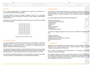 r.a.c
2011
Grupo
Título
PLC
Pg. 6
PLC
Pg. 6
Autómatas programables
Autómatas programables Conceptos
6 Variables
6.1. Variables de entrada
En un autómata programable, y en programación en general, una variable es un
“lugar” donde se guardan cierto tipo de datos.
Los datos podrán ser diversos; textuales, imágenes, sonido, etc. En autómatas
programables, los datos se guardan en formato de bit, byte, palabra y doble palabra
preferentemente.
La llamada a una variable es inequívoca, de tal forma que no existirán dos variables
con el mismo nombre.
Representación del almacén de datos.
Las variables digitales que relaciona el autómata con los dispositivos de entrada se
identifican como “I” de input, por ejemplo: I1, entrada 1; I4 entrada 4, etc. Estas
variables operan con datos tipo bit (0 ó 1), es decir, todo o nada, activado o no
activado.También se llaman datos Booleanos.
Las variables analógicas necesitan más capacidad de almacenaje, ya que los valores
equivalentes a la magnitud medida pueden ser infinitos. Por ejemplo, la variable AI 1
(entrada analógica 1), utilizará almacén de datos en formato Real, esto es, 32 bits.
El autómata programable dispondrá de las herramientas necesarias para poder
convertir, transferir, y en definitiva operar con los diferentes tipos de datos.
1 0 0 1 0 1 1 0
1 1 0 1 0 1 1 0
1 1 1 1 0 1 1 0
1 0 0 1 0 1 1 0
0 0 0 1 0 0 0 0
1 0 1 1 0 1 1 0
1 0 0 1 0 1 1 0
0 0 1 1 1 0 0 1
7 Módulos de salida
7.1. Salidas a relé
Los módulos de salida permiten alimentar los dispositivos que hacen “el trabajo” de
las instalaciones. Como sucede con los módulos de entradas, las salidas aportarán
señales todo/nada, o señales analógicas, como valores de tensión o intensidad
variables.
Las salidas digitales todo/nada alimentarán principalmente:
- Sistemas de alumbrado.
-Timbres o avisadores acústicos.
- Electroválvulas.
- Contactores.
- Relés.
-Aparatos de caldeo.
-Arrancadores.
- Variadores de frecuencia.
Las salidas analógicas aportarán señal de control o visualización, principalmente
para:
- Displays numéricos.
- Regulación de iluminación.
-Apertura o cierre en % de ciertos conductos.
- Variadores de frecuencia.
- Etc.
Probablemente los autómatas con salidas a relé son los más empleados. Un relé es
versátil; por sus contactos puede circular corriente continua, o alterna, y puede
manejar valores superiores a 10 amperios.
En su contra, la lentitud en las conmutaciones, y, al emplear compo-nentes
mecánicos, éstos sufren desgaste.
En el siguiente gráfico aparecen dos modelos de salidas a relé. En el primer caso,
cada salida es operada por un relé diferente, lo que permite usar diferentes tensiones
en los receptores. El segundo caso muestra un relé común a tres salidas, las cuales
tendrán obligatoriamente la misma alimentación.
 