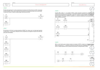 r.a.c
2011
Túnel inteligente
Túnel inteligente Semáforos
Grupo
Título
R
Q1
Luz_100km.h
Línea 6.
El interruptor general (I1), activa inicialmente el luminoso de 100 km/h (Q1) en SET, a través de
un flanco positivo. Note, que el citado luminoso podrá ser ordenado también por la marcha M2,
o lo que es lo mismo, cuando no pasa ningún vehículo por el túnel.
S
M2
M de CNT1
P
I1
Int_gral
Línea 7.
El luminoso de 100 km/h, se desconectará en RESET, por varias vías; si el interruptor general
no está activo, o si se excita cualquiera de los contadores que registran cómputo de vehículos
para otras velocidades.
I1
Int_gral
Q1
Luz_100km.h
M4
M de CNT3
M3
M de CNT2
M5
M de CNT4
M6
M de CNT5
Línea 8.
Cuando (M1), está a “1”, el contador (CNT2), podrá computar sumando los vehículos que
entran al túnel a través de la entrada (I2), ó restar del contador los vehículos que salen del túnel
a través de la entrada (I3). Cuando (M1), pasa a “0”, anula el contador (CNT2), a través de un
flanco negativo. El contador (CNT2), activará un bit cuando compute de forma ascendente 5
vehículos dentro del túnel.
CNT
C2
I2
Cél_entrada
M1
Asíncrono
C2 C3 C4
“5”
M1
Asíncrono
M1
Asíncrono
I3
Cél_salida
N
R
Línea 9.
(M3), es una marca que se activa cuando el contador (CNT2), cumple su cómputo -en este
caso, el cómputo es “5”-. Impedirán la activación de esta marca los contadores (CNT3, CNT4 y
CNT5).También aparece como condición de activación, el temporizador (TON3).
C5 T3
2
2
M3
M de CNT2
SEM. 06
Pg. 6
SEM. 06
Pg. 6
 