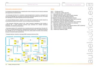 r.a.c
2011
Descripción y requisitos mínimos
La instalación automatizada de un sistema anti-rrobo e intrusión de una vivienda, atenderá
a las siguientes consideraciones:
- Un interruptor de llave (I1), conectará y desconectará todo el sistema, a excepción del
circuito anti-sabotaje que incorporan los sensores infrarrojos pasivos (I3 e I5). El circuito
anti-sabotaje (I3 e I5) estará operativo de forma permanente.
- Un sensor infrarrojo pasivo, situado en el acceso de la vivienda (I2), tendrá retardo de
funcionamiento tanto en la conexión, como en la desconexión del sistema.
- Tres sensores infrarrojos pasivos (I4), cuatro sensores magnéticos para puertas y
ventanas (I6), y cuatro sensores sísmicos para ventanas (I7), tendrán actuación
inmediata, si el sistema está operativo.
- Una sirena exterior (Q1), advertirá con un sonido asíncrono una alarma por intrusión (I2,
I4, I6 e I7); el sonido de dicha sirena, cambiará el sincronismo (Q2), si la alarma se produce
por sabotaje (I3 e I5). Un interruptor de llave (I8), podrá anular el sonido de las sirenas,
aunque no anulará la alarma producida.
- Cualquier alarma, iniciará un mensaje GSM, avisando del hecho (Q3).
DOM- 06
Pg. 1
DOM- 06
Pg. 1
Sistema anti robo
Sistema anti robo
Grupo
Título
Autómatas en domótica
Autómatas en domótica
DOM06_SISTEMA ANTI ROBO
Cocina
Baño 1
Salón
Entrada
Garaje
Pasillo 2
Pasillo 1
Dormitorio 1 Dormitorio 2
Dormitorio 3
Baño 2
I7
I6
I1
I2
I3
I4
I5
I4
I5
I4
I5
I7
I7 I7
I6
I6
I6
Q1
Q2
Q3
I8
Donde
PIA 1 Protección PLC.
→
PIA 2 Protección salidas del PLC.
I1 Interruptor de llave, on/off sistema.
I2 Detector infrarrojo pasivo para entrada vivienda.
I3 Circuito 24 horas anti-sabotaje (tamper)
del detector infrarrojo pasivo para entrada vivienda.
I4 Detectores infrarrojos pasivo del interior de la vivienda.
I5 Circuito 24 horas anti-sabotaje (tamper)
de los detectores infrarrojo pasivo del interior de la vivienda.
I6 Sensores magnéticos para puertas y/o ventanas.
I7 Sensores sísmicos para ventanas.
Q1 Alarma exterior, aviso por intrusión.
Q2 Alarma exterior, aviso por sabotaje.
Q3 Alarma por telefonía GSM.
→
→
→
→
→
→
→
→
→
→
→
I8 Llave que anula el sonido de la alarma exterior (NO la alarma).
→
 