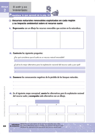 Bloque                                             El suelo y sus
  2                                                irregularidades
                                               Practico lo que aprendí de la pág. 34
                                                  Recursos naturales renovables explotados en cada región
                                                  y su impacto ambiental sobre el recurso suelo

                                               1. Representa con un dibujo los recursos renovables que existen en la naturaleza.




                                               2. Contesta las siguientes preguntas:

                                                     ¿Por qué consideras que el suelo es un recurso natural renovable?



                                                     ¿Cuál es la mejor alternativa para la explotación racional del recurso suelo y por qué?




                                               3. Enumera las consecuencias negativas de la pérdida de los bosques naturales.
  DISTRIBUCIÓN GRATUITA - PROHIBIDA SU VENTA




                                               4. En el siguiente mapa conceptual, anota las alternativas para la explotación racional
                                                   del recurso suelo y acompaña cada alternativa con un dibujo.




                                                  Indicadores   Identifica al suelo dentro de los recursos naturales renovables.
 22                                            de evaluación:   Analiza alternativas para la explotación racional del recurso suelo.
                                                                Dibuja las alternativas de explotación del recurso natural suelo.
 