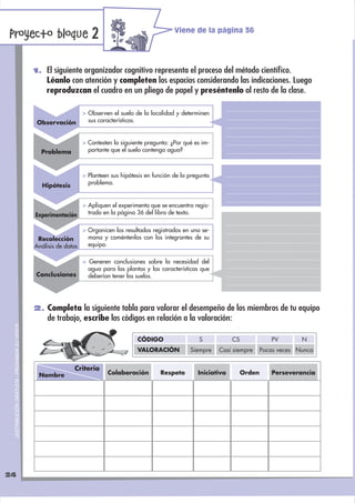 Proyecto bloque 2                                                                                     Viene de la página 36




                                              1. El siguiente organizador cognitivo representa el proceso del método cientíﬁco.
                                                  Léanlo con atención y completen los espacios considerando las indicaciones. Luego
                                                  reproduzcan el cuadro en un pliego de papel y preséntenlo al resto de la clase.

                                                                  > Observen el suelo de la localidad y determinen
                                               Observación          sus características.


                                                                  > Contesten la siguiente pregunta: ¿Por qué es im-
                                                Problema            portante que el suelo contenga agua?



                                                                  > Planteen sus hipótesis en función de la pregunta
                                                 Hipótesis          problema.


                                                              > Apliquen el experimento que se encuentra regis-
                                              Experimentación   trado en la página 36 del libro de texto.

                                                                  > Organicen los resultados registrados en una se-
                                               Recolección          mana y coméntenlos con los integrantes de su
                                              Análisis de datos     equipo.

                                                                  > Generen conclusiones sobre la necesidad del
                                                                    agua para las plantas y las características que
                                              Conclusiones          deberían tener los suelos.




                                              2. Completa la siguiente tabla para valorar el desempeño de los miembros de tu equipo
                                                   de trabajo, escribe los códigos en relación a la valoración:
 DISTRIBUCIÓN GRATUITA - PROHIBIDA SU VENTA




                                                                                       CÓDIGO                   S           CS              PV        N
                                                                                       VALORACIÓN           Siempre    Casi siempre      Pocas veces Nunca


                                                             Criterio
                                               Nombre                      Colaboración         Respeto        Iniciativa        Orden      Perseverancia




24
 