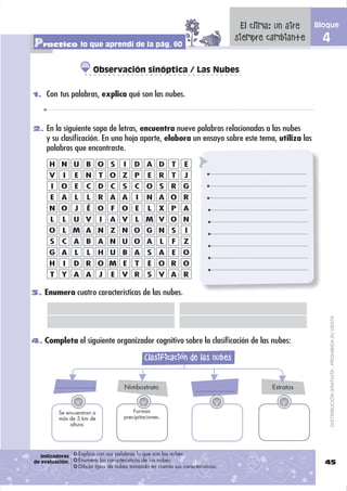 El clima: un aire   Bloque

Practico lo que aprendí de la pág. 60                                                     siempre cambiante      4

                             Observación sinóptica / Las Nubes

1. Con tus palabras, explica qué son las nubes.



2. En la siguiente sopa de letras, encuentra nueve palabras relacionadas a las nubes
     y su clasiﬁcación. En una hoja aparte, elabora un ensayo sobre este tema, utiliza las
     palabras que encontraste.
      H N U B O S                        I   D A D           T    E
      V      I     E N T O Z P                     E    R    T    J
      I     O E          C D C           S   C O S R G
      E     A      L     L       R A A        I   N A O R
      N O          J     É O F O E                 L    X P       A
      L      L     U V           I   A V     L M V O N
      O      L M A N Z N O G N S                                   I
      S      C A B A N U O A                            L    F    Z
      G A          L     L       H U B A           S A       E    O
      H      I     D R O M E                 T     E O R O
      T      Y A A               J   E   V R       S V A R

3. Enumera cuatro características de las nubes.




                                                                                                                     DISTRIBUCIÓN GRATUITA - PROHIBIDA SU VENTA
4. Completa el siguiente organizador cognitivo sobre la clasiﬁcación de las nubes:

                                                  Clasificación de las nubes

          ....................           Nimbostrato                                               Estratos
                                                                       ....................


           Se encuentran a                   Forman
           más de 5 km de                precipitaciones.
                altura.




   Indicadores       Explica con sus palabras lo que son las nubes.
de evaluación:       Enumera las características de las nubes.                                                   45
                     Dibuja tipos de nubes tomando en cuenta sus características.
 