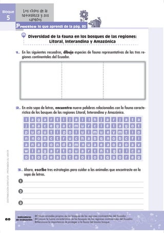 Bloque                                                Los ciclos de la
                                                     naturaleza y sus
  5                                                      cambios
                                               Practico lo que aprendí de la pág. 80
                                                           Diversidad de la fauna en los bosques de las regiones:
                                                                     Litoral, Interandina y Amazónica

                                               1. En los siguientes recuadros, dibuja especies de fauna representativas de las tres re-
                                                     giones continentales del Ecuador.




                                               2. En esta sopa de letras, encuentra nueve palabras relacionadas con la fauna caracte-
                                                     rística de los bosques de las regiones Litoral, Interandina y Amazónica.
                                                       l    a   g     a     r    t     i     j    a      i     l   h      j    a     r     j    a     t    a
                                                       j    n a       c    e     g     a     c m u            r     c     i    é     l    a     g     o    t
                                                       p    u   d     ú     t     i    p o         l    u     i    m u         e y m            t     i    o
                                                       n    n o       ñ    c     t     r    u     c     h     a    b     q     n o        b     c     f    i
                                                       a    n   a     c    o     n     d     a m        n u        a     e     a o        a     o     a    v
                                                      w     l   a     g    a     r     t    o     u     a     r     t    ñ     s     g     t     i    c    a
  DISTRIBUCIÓN GRATUITA - PROHIBIDA SU VENTA




                                                       o    s   o     d    e     a     n     t    e     o     j    o     s     q     a    o     r     e    g


                                                3. Ahora, escribe tres estrategias para cuidar a los animales que encontraste en la
                                                      sopa de letras.
                                                 1


                                                 2


                                                 3



                                                Indicadores     Dibuja animales propios de los bosques de las regiones continentales del Ecuador.
 60                                            de evaluación:   Conoce la fauna característica de los bosques de las regiones continentales del Ecuador.
                                                                Reconoce la importancia de proteger a la fauna del bioma bosque.
 