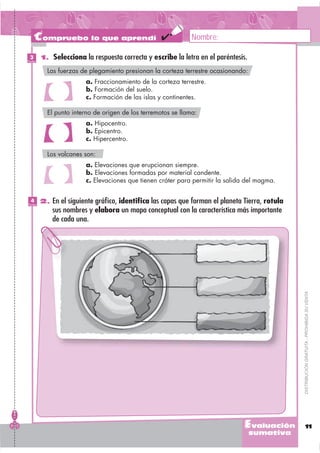 Compruebo lo que aprendí                                  Nombre:

 3
Puntos
         1. Selecciona la respuesta correcta y escribe la letra en el paréntesis.

           Las fuerzas de plegamiento presionan la corteza terrestre ocasionando:
                          a. Fraccionamiento de la corteza terrestre.
           (     )        b. Formación del suelo.
                          c. Formación de las islas y continentes.

           El punto interno de origen de los terremotos se llama:
                          a. Hipocentro.
           (     )        b. Epicentro.
                          c. Hipercentro.

           Los volcanes son:
                          a. Elevaciones que erupcionan siempre.
           (     )        b. Elevaciones formadas por material candente.
                          c. Elevaciones que tienen cráter para permitir la salida del magma.


  4
Puntos
         2. En el siguiente gráﬁco, identiﬁca las capas que forman el planeta Tierra, rotula
               sus nombres y elabora un mapa conceptual con la característica más importante
               de cada una.




                                                                                                DISTRIBUCIÓN GRATUITA - PROHIBIDA SU VENTA




                                                                                 Evaluación        11
                                                                                    sumativa
 
