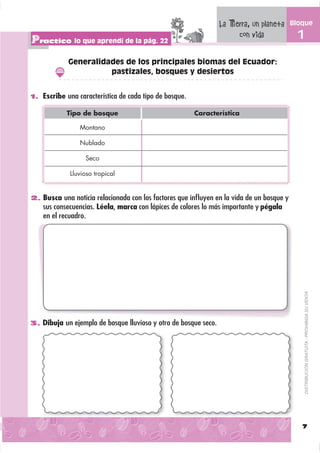 La Tierra, un planeta    Bloque

Practico lo que aprendí de la pág. 22                                  con vida             1

            Generalidades de los principales biomas del Ecuador:
                      pastizales, bosques y desiertos


1. Escribe una característica de cada tipo de bosque.

            Tipo de bosque                              Característica

                Montano

                Nublado

                  Seco

             Lluvioso tropical


2. Busca una noticia relacionada con los factores que inﬂuyen en la vida de un bosque y
    sus consecuencias. Léela, marca con lápices de colores lo más importante y pégala
    en el recuadro.




                                                                                                DISTRIBUCIÓN GRATUITA - PROHIBIDA SU VENTA



3. Dibuja un ejemplo de bosque lluvioso y otro de bosque seco.




                                                                                             7
 