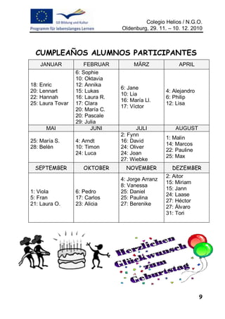 Colegio Helios / N.G.O.
                                 Oldenburg, 29. 11. – 10. 12. 2010



  CUMPLEAÑOS ALUMNOS PARTICIPANTES
    JANUAR            FEBRUAR         MÄRZ              APRIL
                  6: Sophie
                  10: Oktavia
18: Enric         12: Annika
                                 6: Jane
20: Lennart       15: Lukas                        4: Alejandro
                                 10: Lia
22: Hannah        16: Laura R.                     6: Philip
                                 16: María Ll.
25: Laura Tovar   17: Clara                        12: Lisa
                                 17: Víctor
                  20: María C.
                  20: Pascale
                  29: Julia
      MAI               JUNI            JULI          AUGUST
                                 2: Fynn
                                                   1: Malin
25: María S.      4: Arndt       16: David
                                                   14: Marcos
28: Belén         10: Timon      24: Oliver
                                                   22: Pauline
                  24: Luca       24: Joan
                                                   25: Max
                                 27: Wiebke
 SEPTEMBER           OKTOBER       NOVEMBER          DEZEMBER
                                                   2: Aitor
                                 4: Jorge Arranz
                                                   15: Miriam
                                 8: Vanessa
                                                   15: Jann
1: Viola          6: Pedro       25: Daniel
                                                   24: Laase
5: Fran           17: Carlos     25: Paulina
                                                   27: Héctor
21: Laura O.      23: Alicia     27: Berenike
                                                   27: Álvaro
                                                   31: Tori




                                                                  9
 