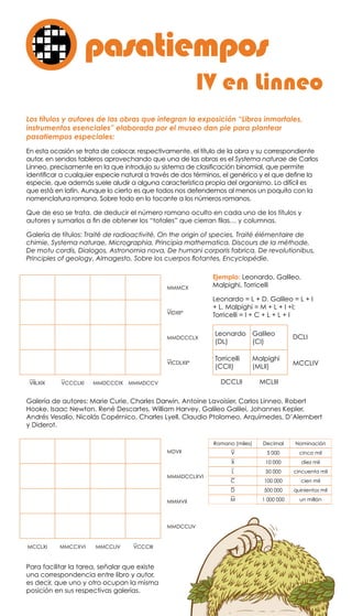 Los títulos y autores de las obras que integran la exposición “Libros inmortales,
instrumentos esenciales” elaborada por el museo dan pie para plantear
pasatiempos especiales:
En esta ocasión se trata de colocar, respectivamente, el título de la obra y su correspondiente
autor, en sendos tableros aprovechando que una de las obras es el Systema naturae de Carlos
Linneo, precisamente en la que introdujo su sistema de clasificación binomial, que permite
identificar a cualquier especie natural a través de dos términos, el genérico y el que define la
especie, que además suele aludir a alguna característica propia del organismo. Lo difícil es
que está en latín. Aunque lo cierto es que todos nos defendemos al menos un poquito con la
nomenclatura romana. Sobre todo en lo tocante a los números romanos.
Que de eso se trata, de deducir el número romano oculto en cada uno de los títulos y
autores y sumarlos a fin de obtener los “totales” que cierran filas… y columnas.
Galería de títulos: Traité de radioactivité, On the origin of species, Traité élémentaire de
chimie, Systema naturae, Micrographia, Principia mathematica, Discours de la méthode,
De motu cordis, Dialogos, Astronomia nova, De humani corporis fabrica, De revolutionibus,
Principles of geology, Almagesto, Sobre los cuerpos flotantes, Encyclopédie.
Galería de autores: Marie Curie, Charles Darwin, Antoine Lavoisier, Carlos Linneo, Robert
Hooke, Isaac Newton, René Descartes, William Harvey, Galileo Galilei, Johannes Kepler,
Andrés Vesalio, Nicolás Copérnico, Charles Lyell, Claudio Ptolomeo, Arquímedes, D’Alembert
y Diderot.
Para facilitar la tarea, señalar que existe
una correspondencia entre libro y autor,
es decir, que uno y otro ocupan la misma
posición en sus respectivas galerías.
IV en Linneo
pasatiemposo
MMMCX
VIILXIX VCCCLXI MMDCCCIX MMMDCCV
VIDXII*
MMDCCCLX
VICDLXII*
MDVII
MCCLXI MMCCXVI MMCCLIV VCCCIII
MMMDCCLXVI
MMMVII
MMDCCLIV
Romano (miles) Decimal Nominación
V 5 000 cinco mil
X 10 000 diez mil
L 50 000 cincuenta mil
C 100 000 cien mil
D 500 000 quinientos mil
M 1 000 000 un millón
Ejemplo: Leonardo, Galileo,
Malpighi, Torricelli
Leonardo = L + D. Galileo = L + I
+ L. Malpighi = M + L + I +I;
Torricelli = I + C + L + L + I
Leonardo
(DL)
Galileo
(CI)
Torricelli
(CCII)
Malpighi
(MLII)
DCLI
DCCLII MCLIII
MCCLIV
 