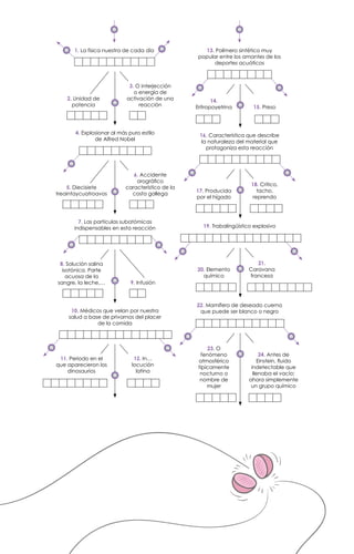 1. La física nuestra de cada día 13. Polímero sintético muy
popular entre los amantes de los
deportes acuáticos
16. Característica que describe
la naturaleza del material que
protagoniza esta reacción
19. Trabalingüístico explosivo
22. Mamífero de deseado cuerno
que puede ser blanco o negro
4. Explosionar al más puro estilo
de Alfred Nobel
7. Las partículas subatómicas
indispensables en esta reacción
10. Médicos que velan por nuestra
salud a base de privarnos del placer
de la comida
2. Unidad de
potencia
14.
Eritropoyetrina
17. Producida
por el hígado
20. Elemento
químico
23. O
fenómeno
atmosférico
típicamente
nocturno o
nombre de
mujer
5. Diecisiete
treaintaycuatroavos
8. Solución salina
isotónica. Parte
acuosa de la
sangre, la leche,…
11. Periodo en el
que aparecieron los
dinosaurios
3. O interjección
o energía de
activación de una
reacción 15. Preso
18. Critico,
tacho,
reprendo
21.
Caravana
francesa
24. Antes de
Einstein, fluido
indetectable que
llenaba el vacío;
ahora simplemente
un grupo químico
6. Accidente
orográfico
característico de la
costa gallega
9. Infusión
12. In…
locución
latina
n n
n
n
n
n
n
n
n
n
n
n
nn
n
n
n
n
n
n
nn
n
n n
 
